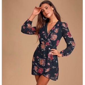 Navy Floral Print Long Sleeve Wrap Dress